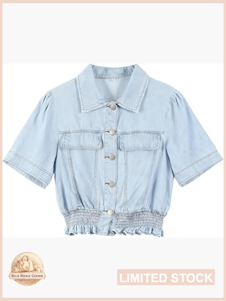Peplum Denim Crop Top Short Sleeve Button Up Cowgirl Blouse Ruffled Jacket